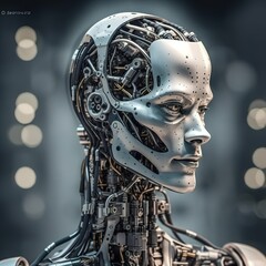 Close-up of a robotic head with visible internal mechanics.