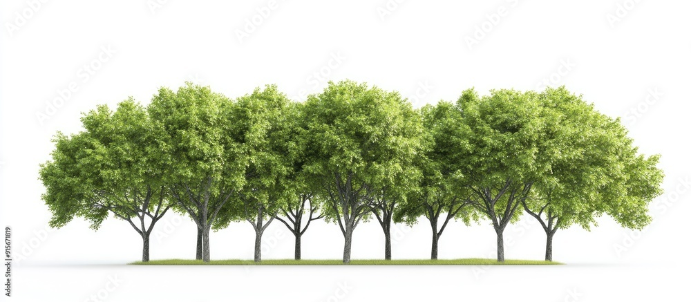 Poster A group of green elm trees isolated against a white background symbolizes nature ecology conservation strength endurance force and life. with copy space image. Place for adding text or design