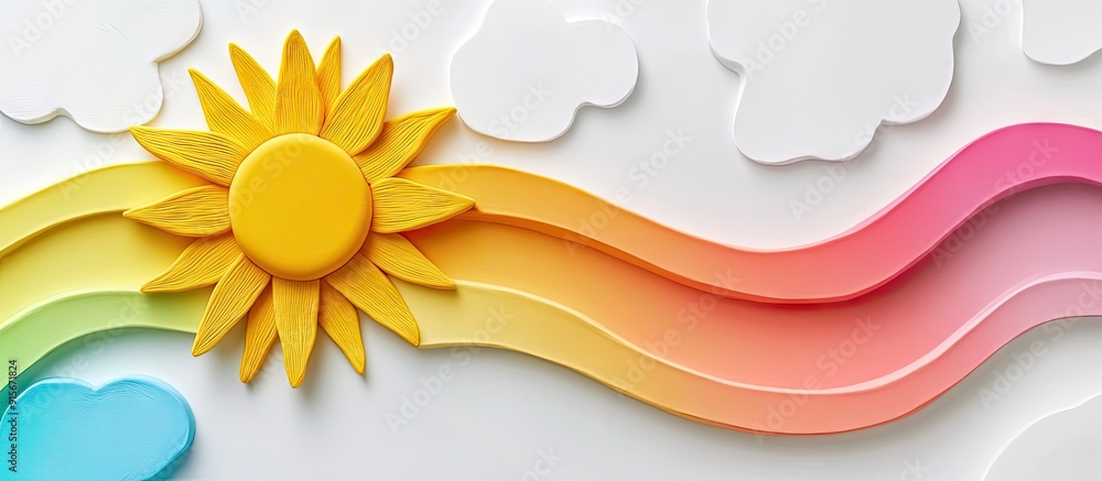 Aufkleber Plasticine rainbow and sun on a white background top view. with copy space image. Place for adding text or design