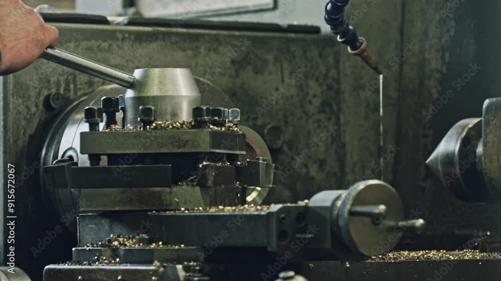 Poster engineer machining metal components on an industrial lathe in a workshop. close-up view of precise m