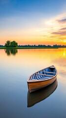 Naklejka premium Isolated rowboat on a tranquil lake at sunset reflecting golden skies