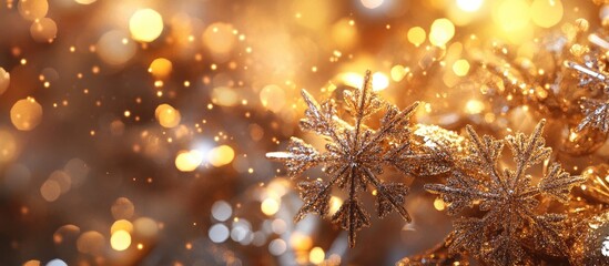Fototapeta premium Christmas theme A close up of shiny golden snowflake decorations hanging on a Christmas tree with copy space Christmas background