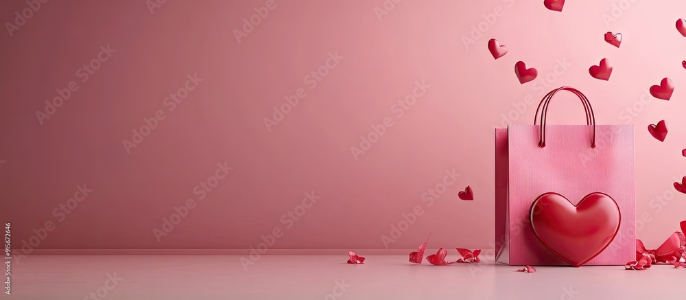 Poster valentine s day backdrop featuring a shopping bag and a heart shape theme of love and weddings. with