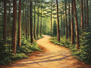 Obraz premium Pathway through pine forest park, inviting and serene for a stroll