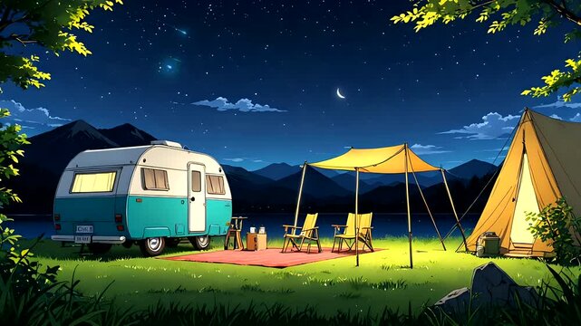 Cozy campsite with tents and a vintage caravan set up by a lakeside under a starry night sky. Seamless looping 4k time-lapse animation video background.