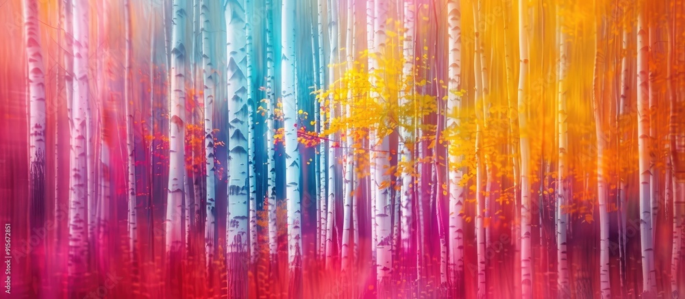 Poster Abstract image of birch trees in autumn captured using various motion and zoom effects Features a colorful textured background long exposure and selective focus. with copy space image