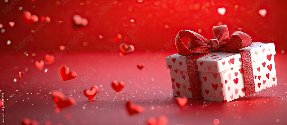 Poster Gift box with ribbon for a Valentine s Day background theme. with copy space image. Place for adding text or design