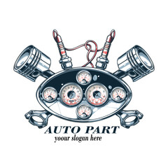 spare parts, auto part logo emblem car repairing car vector design isolated on black background modern design
