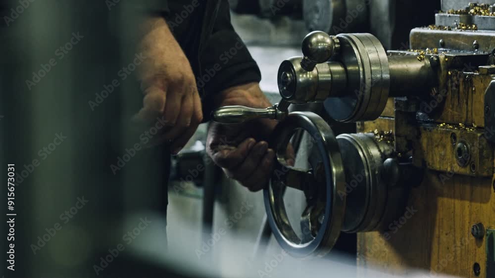 Poster skilled machinist operates metal lathe with precision in workshop. detailed mechanical process in in