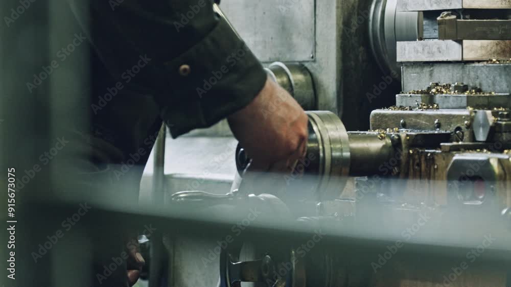 Poster industrial worker operates a metal lathe in a workshop, showcasing precise machining processes and m