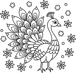 hand drawn cute peacock  for adult coloring book