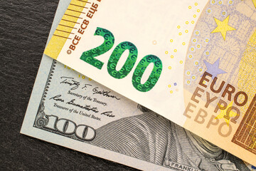 Obraz premium Two paper banknotes, macro, top view.