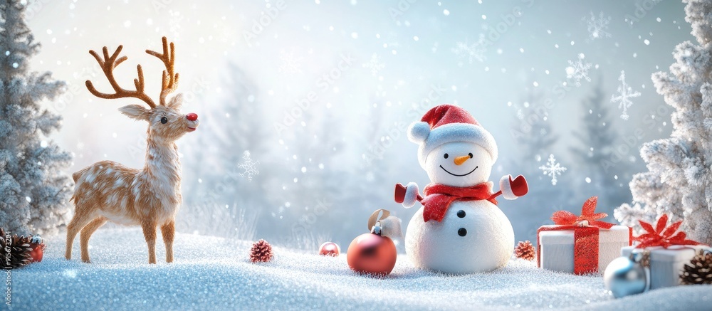 Poster Snowman Reindeer Santa Claus Snow and Happy Christmas. with copy space image. Place for adding text or design
