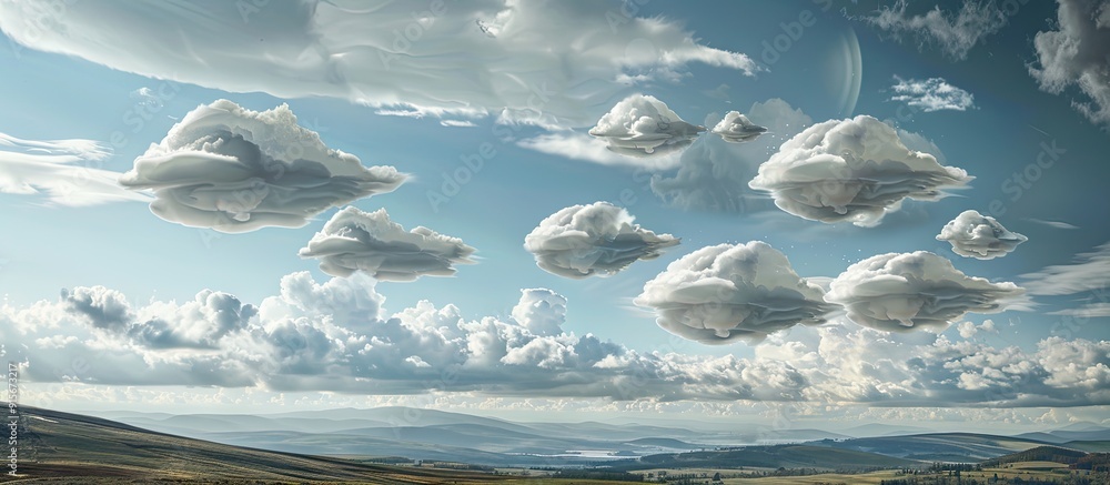 Poster The white clouds feature unusual shapes above the countryside set against a cloudy and blue sky. with copy space image. Place for adding text or design
