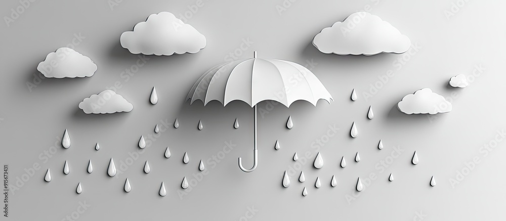 Poster Paper sheet featuring a sketched umbrella clouds and raindrops on a light backdrop Concept of weather forecast. with copy space image. Place for adding text or design