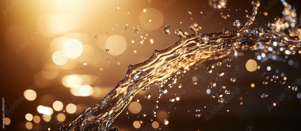 Aufkleber Abstract liquid Water splashing against a dark bronze background Macro view of the splash with soft focus and shallow depth of field. with copy space image. Place for adding text or design