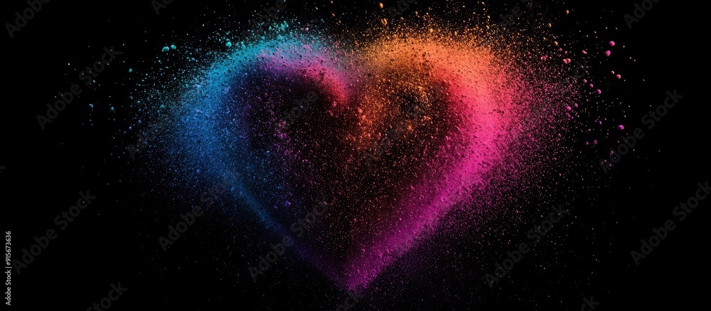 Poster Abstract color powder splattered on a black background capturing the motion of color powder exploding or being thrown creating a multicolored glitter texture that resembles a heart shape