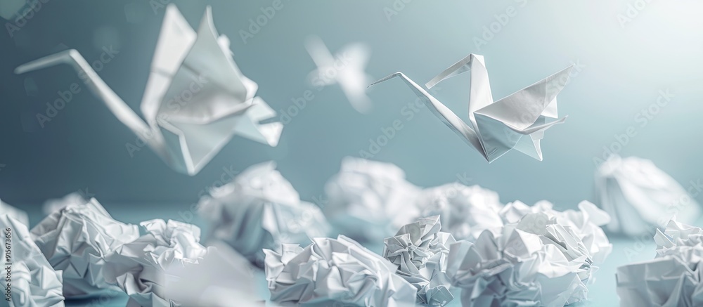 Aufkleber new concepts or transformation ideas featuring crumpled paper balls and a crane teamwork creativity 