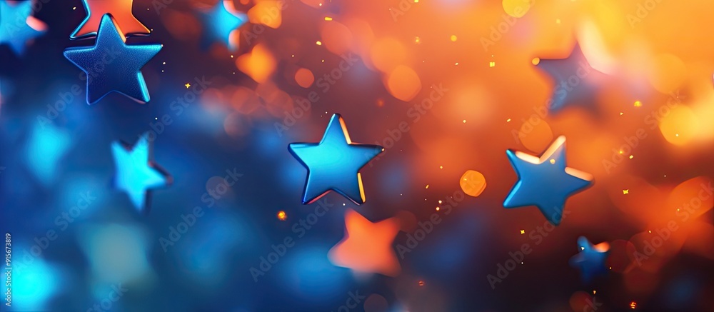 Fototapete orange background adorned with shiny blue stars banner. with copy space image. place for adding text