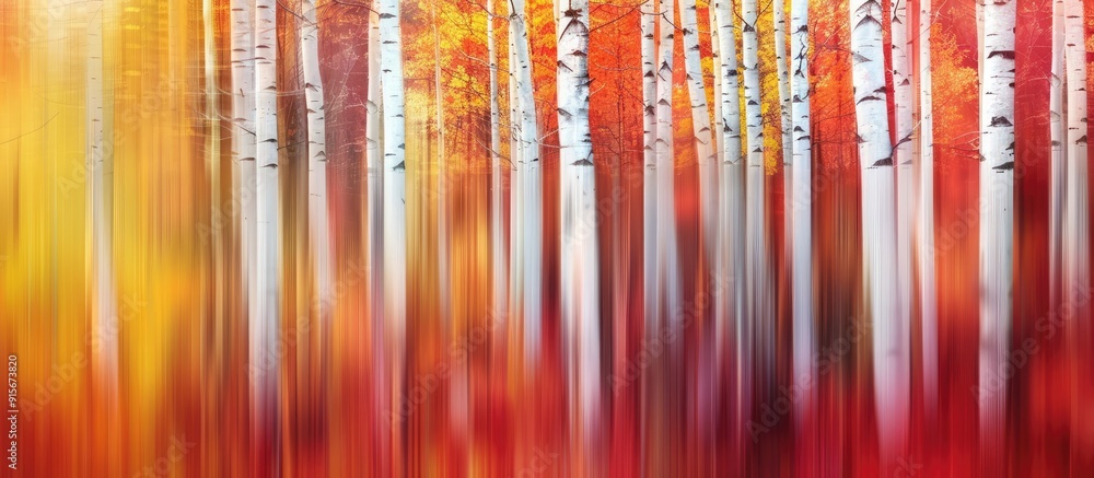 Poster Abstract image of birch trees in autumn captured using various motion and zoom effects Features a colorful textured background long exposure and selective focus. with copy space image