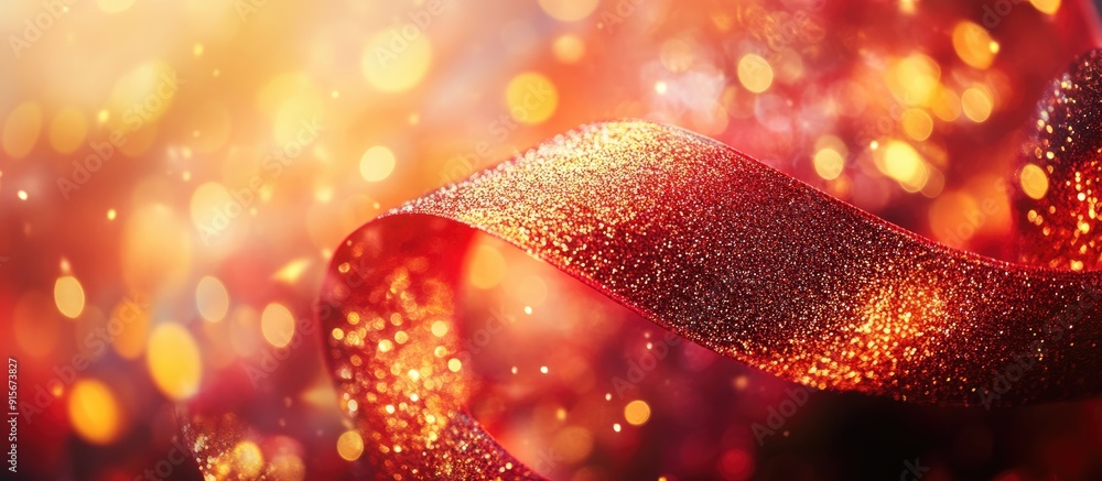 Fototapete closeup of a beautiful red and yellow glitter ribbon with a blurred background. with copy space imag