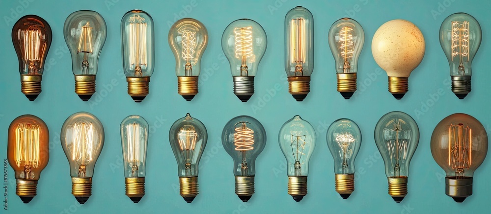 Poster a collection of various vintage electric bulbs arranged in a vertical background with copy space