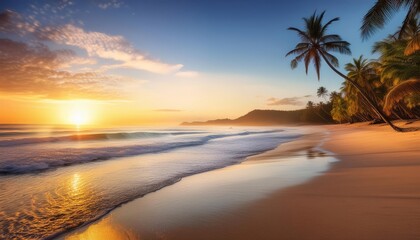 A beautiful beach scene featuring palm trees and waves during sunset