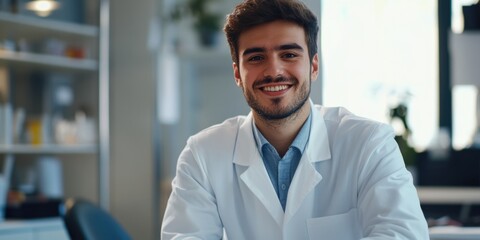 Fototapeta premium A person in a lab coat sitting at a desk, focused on their work