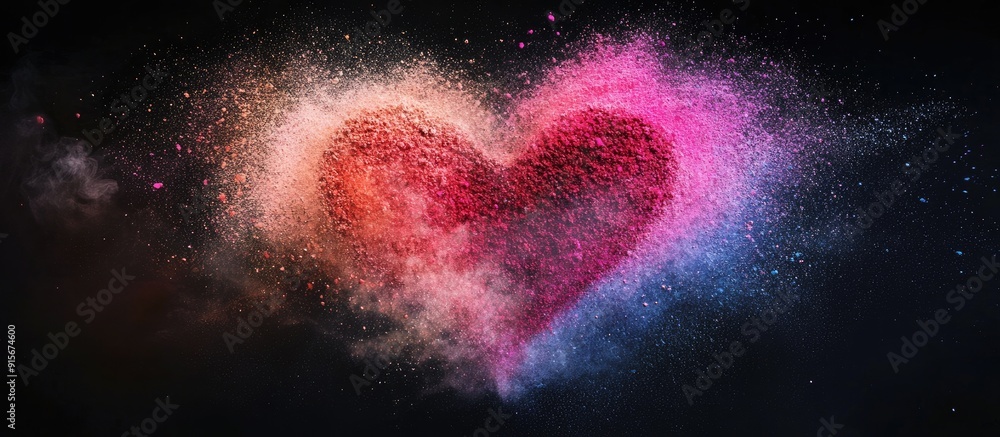 Aufkleber Abstract color powder splattered on a black background capturing the motion of color powder exploding or being thrown creating a multicolored glitter texture that resembles a heart shape