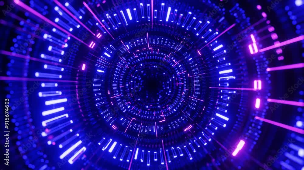 Poster round holographic structures. fly through mirror tunnel with neon pattern, glow lines form sci fi pa