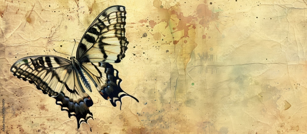 Aufkleber textured vintage paper background with an ink butterfly drawing. with copy space image. Place for adding text or design