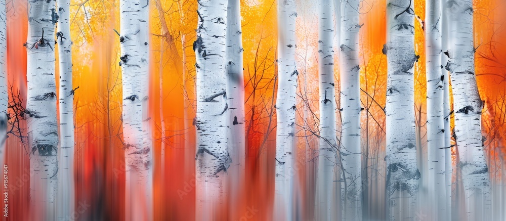 Poster Abstract image of birch trees in autumn captured using various motion and zoom effects Features a colorful textured background long exposure and selective focus. with copy space image