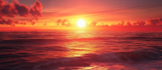 Fototapeta premium A red sunset above the ocean along the shore. with copy space image. Place for adding text or design