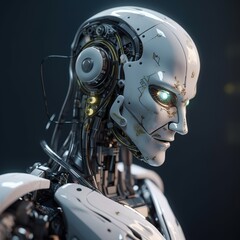 Fototapeta premium Close-up of a white robotic head with visible gears and circuitry.