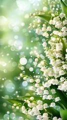 Beautiful closeup of lily of the valley flowers in spring with bokeh