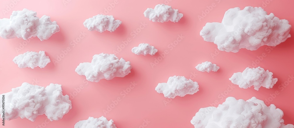 Poster white paper cut out clouds set against a pink background flat lay mock up copyspace