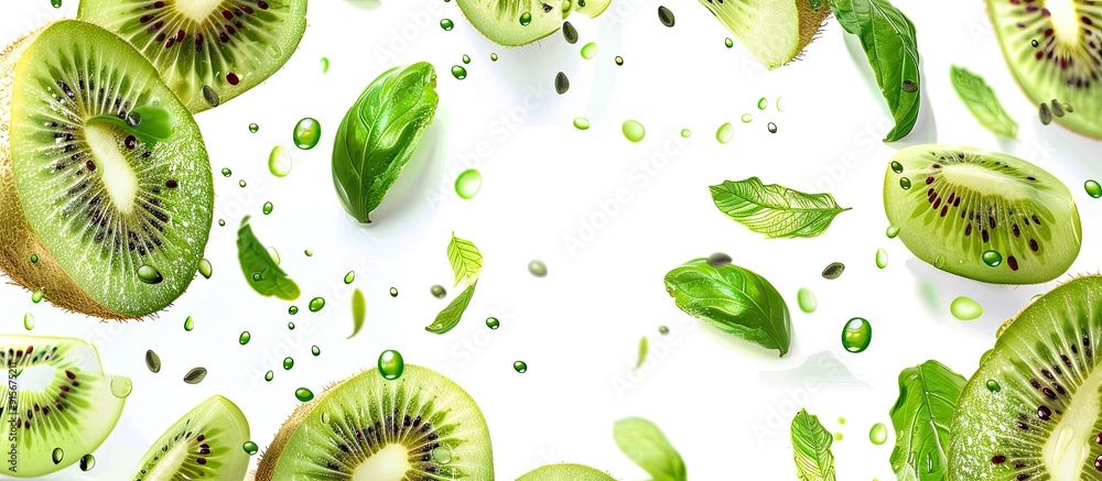 Poster fresh ripe whole kiwi green fruit and slices with drops and seeds flying isolated on a white backgro