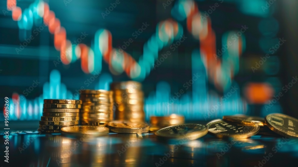 Poster A pile of gold coins sits on a table next to a graph