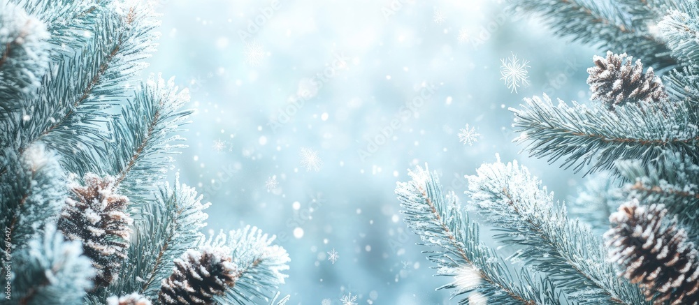 Poster Winter background featuring Christmas pines and decorative snowflakes. with copy space image. Place for adding text or design