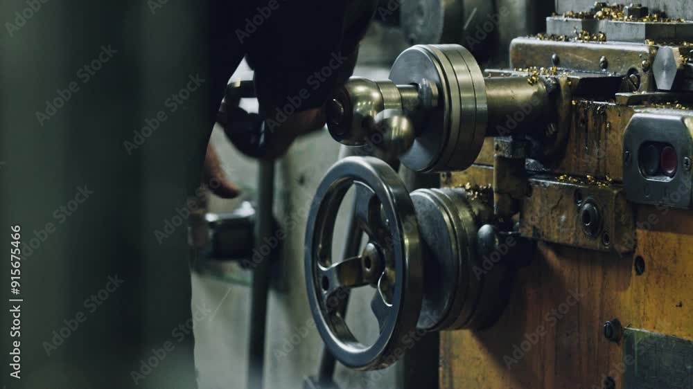 Poster skilled worker showcasing precision and craftsmanship on a metal lathe in a manufacturing workshop. 