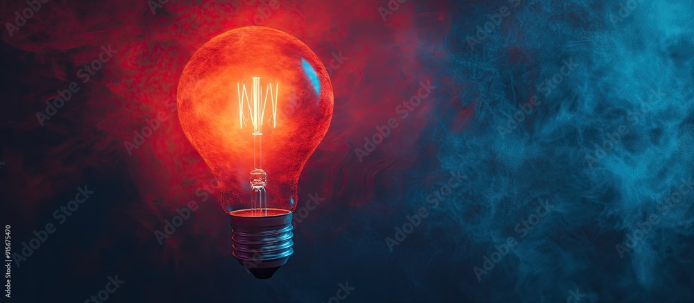 Poster red light bulb isolated on blue concept background for bright ideas backdrop of electricity inventio