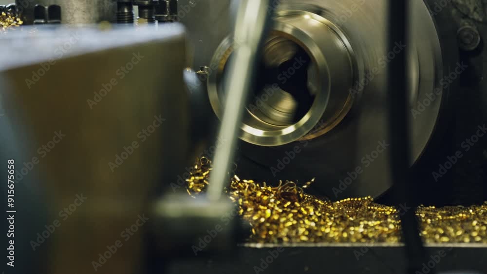 Poster close-up of a metal lathe machine in operation, creating metallic shavings. perfect for showcasing i