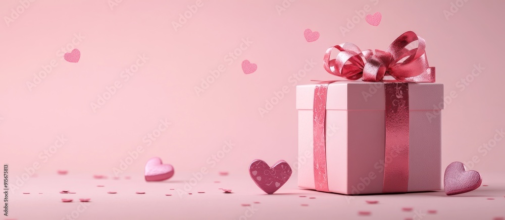 Poster Valentine s Day message featuring a gift box on a pink background representing the concept of love. with copy space image. Place for adding text or design