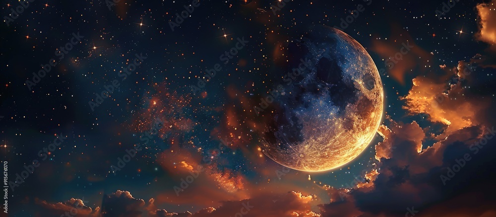 Poster a fantasy backdrop of the night sky featuring enchanting light and a crescent moon. with copy space 