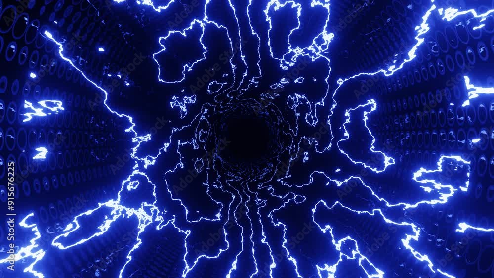 Poster hi-tech neon sci-fi tunel. trendy neon glow lines form pattern and construction in mirror tunnel. cu