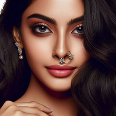 Fototapeta premium Beautiful An Indian Woman Woman wearing a one star diamond Nose Pin for fashion isolated on white background 