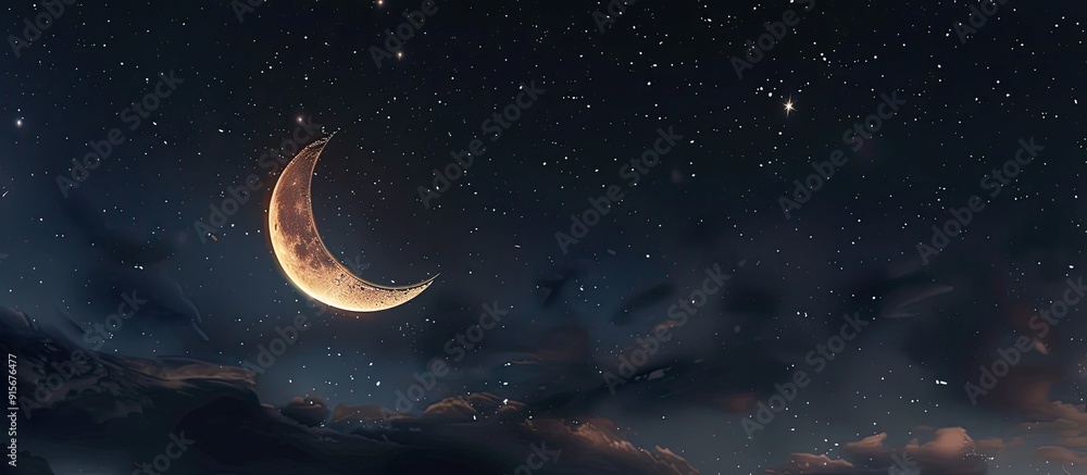 Poster A fantasy backdrop of the night sky featuring enchanting light and a crescent moon. with copy space image. Place for adding text or design