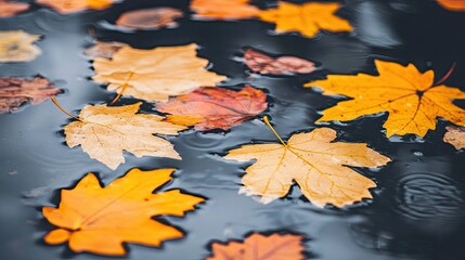 Close up of autumn leaves floating on water in a blurred background setting