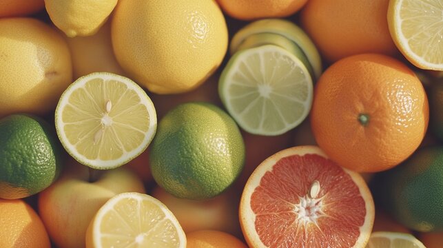 Fresh citrus fruits, a combination of citruses and limes in a compact arrangement