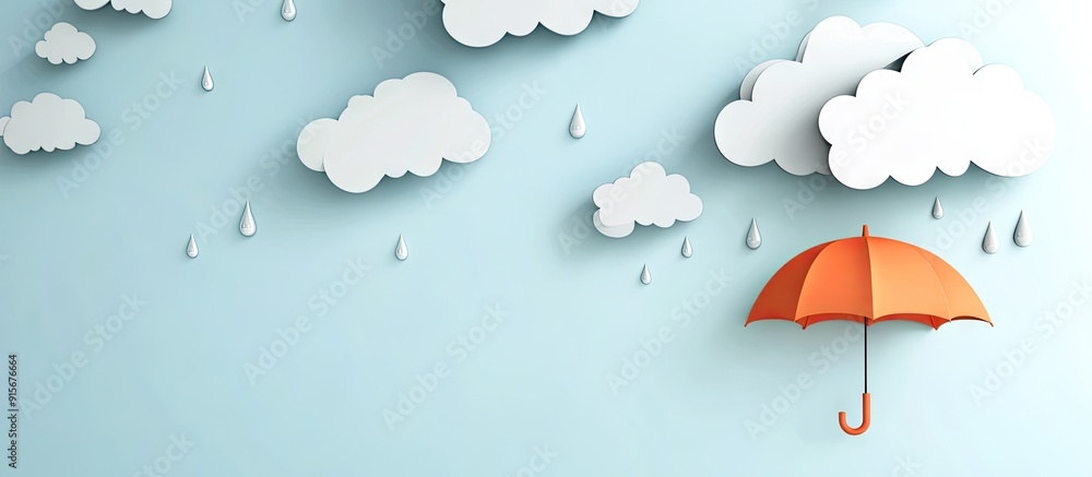 Poster paper sheet featuring a sketched umbrella clouds and raindrops on a light backdrop concept of weathe